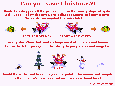Santa Goes Butt-Boardin' (Browser) screenshot: the game's instructions