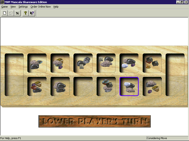 MVP Mancala (Windows) screenshot: The start of a game Each player in their turn selects a pit and the game moves the pieces appropriately