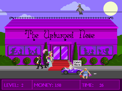 Valet Ballet (Browser) screenshot: Playing level two On this level the pigeon rains poo When the valet is hit the carwash man comes and cleans the car but he charges for his services