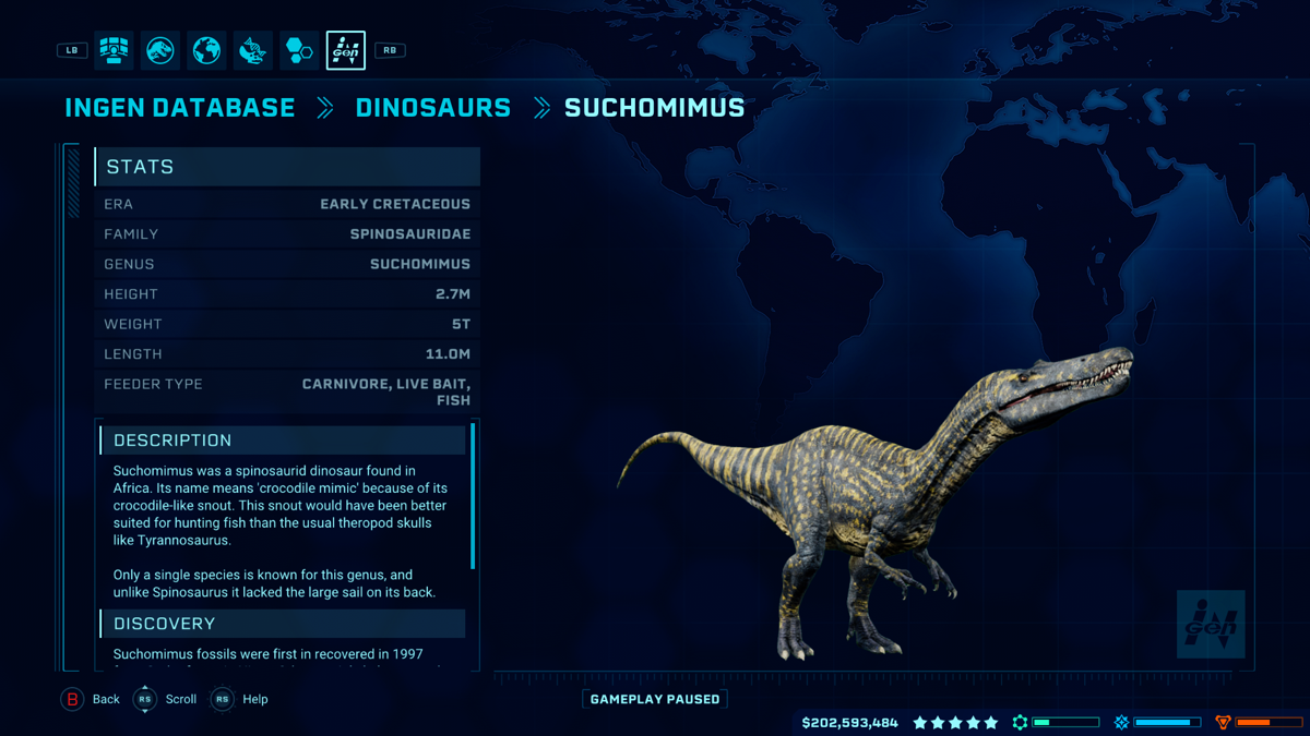 Jurassic World: Evolution - Dinosaur Pack (Xbox One) screenshot: The Suchomimus database entry