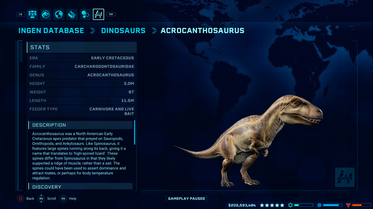 Jurassic World: Evolution - Carnivore Dinosaur Pack (Xbox One) screenshot: The Acrocanthosaurus database entry