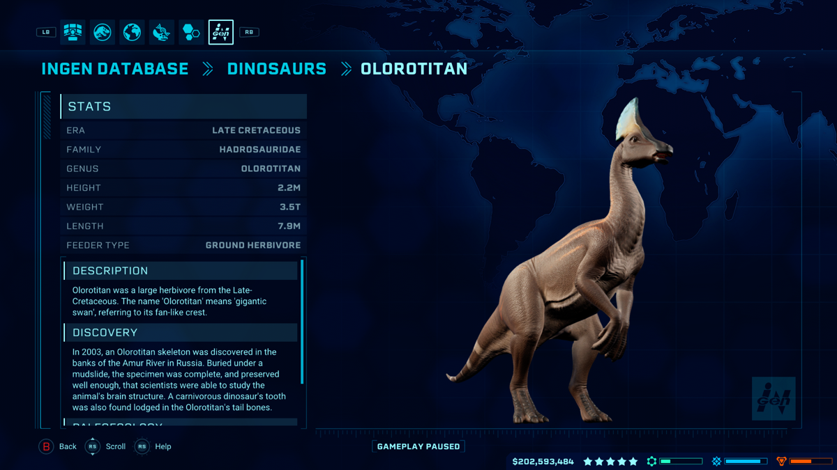 Jurassic World: Evolution - Secrets of Dr. Wu (Xbox One) screenshot: The Olorotitan database entry