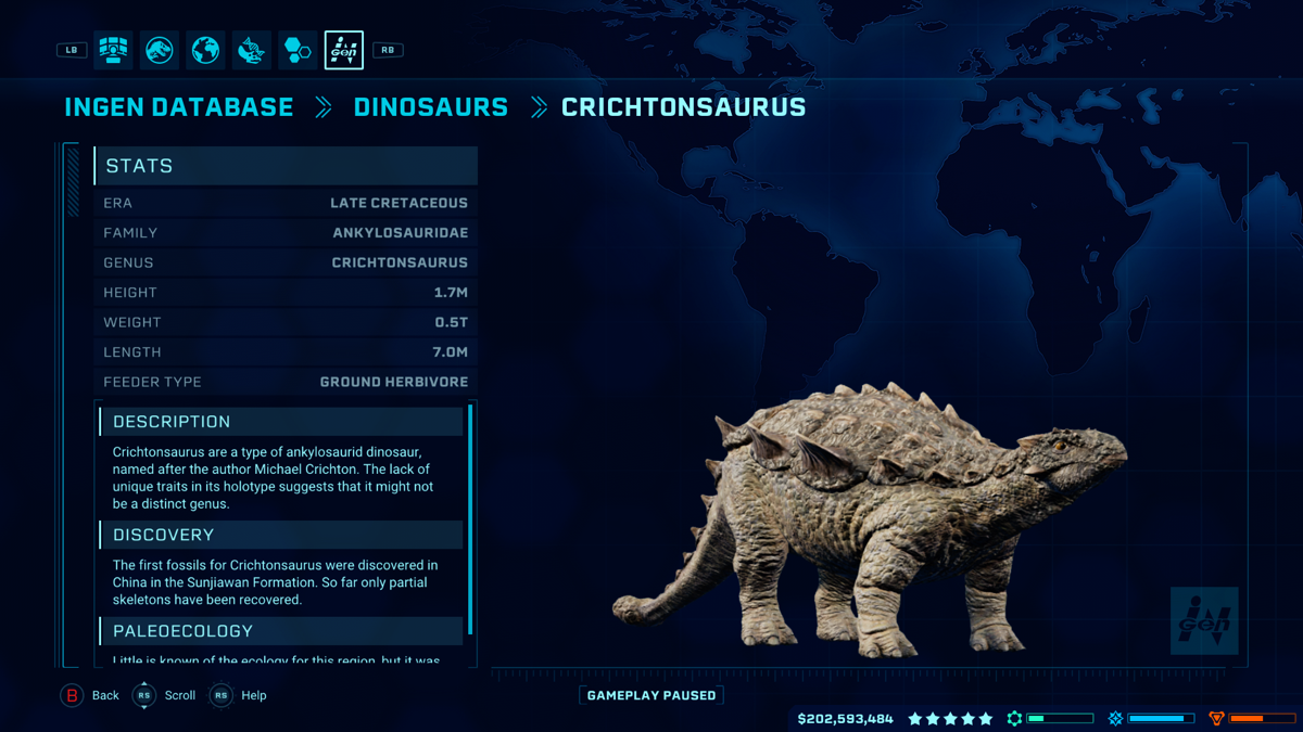Jurassic World: Evolution - Dinosaur Pack (Xbox One) screenshot: The Crichtonsaurus database entry