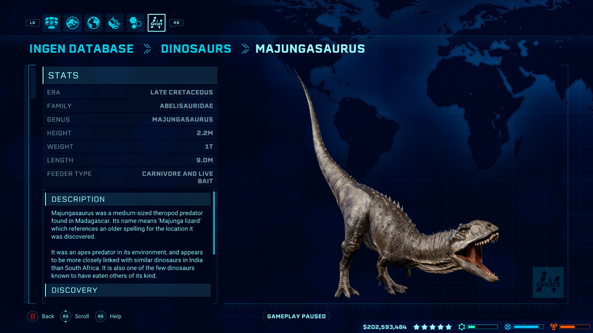 Jurassic World: Evolution - Dinosaur Pack (Xbox One) screenshot: The Majungasaurus database entry