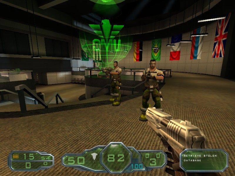 Gore: Ultimate Soldier (Windows) screenshot: The single player game has you and your fellow marines (the bots shown here) protecting the UMC from the evil forces of MOB...
