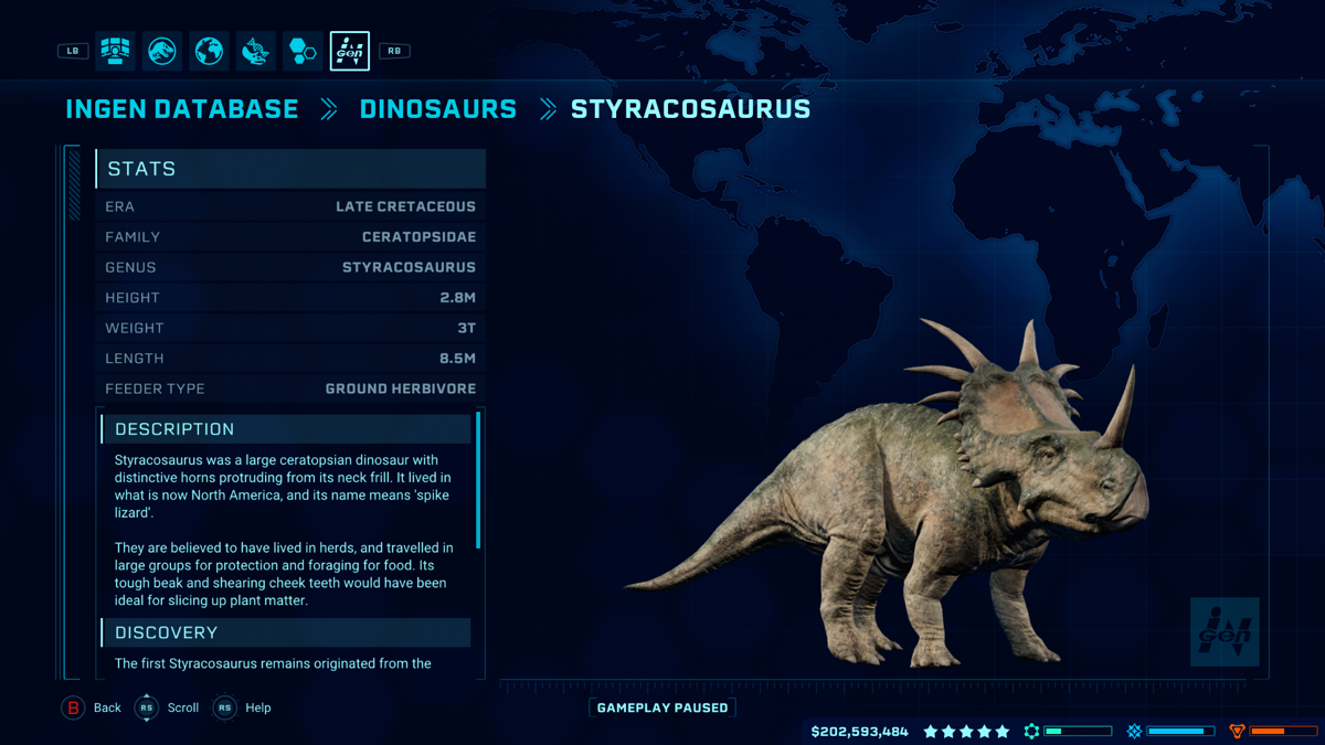 Jurassic World: Evolution - Dinosaur Pack (Xbox One) screenshot: The Styracosaurus database entry
