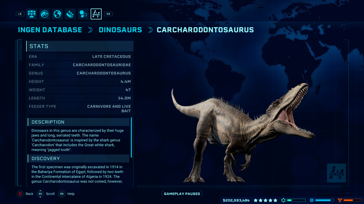 Jurassic World: Evolution - Cretaceous Dinosaur Pack (Xbox One) screenshot: The Carcharodontosaurus database entry
