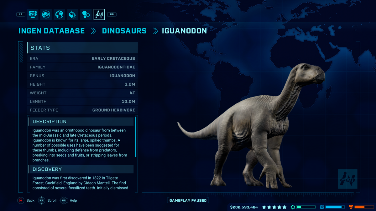 Jurassic World: Evolution - Cretaceous Dinosaur Pack (Xbox One) screenshot: The Iguanodon database entry