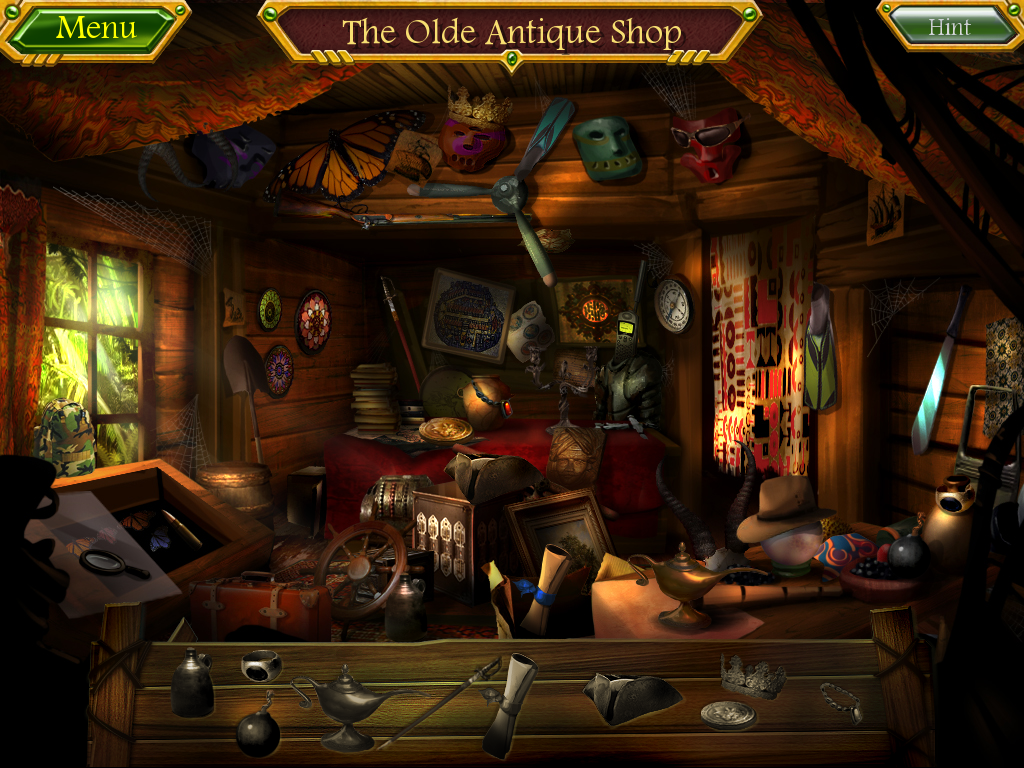 Arizona Rose and the Pirates' Riddles (Windows) screenshot: First hidden object puzzle in the antique shop