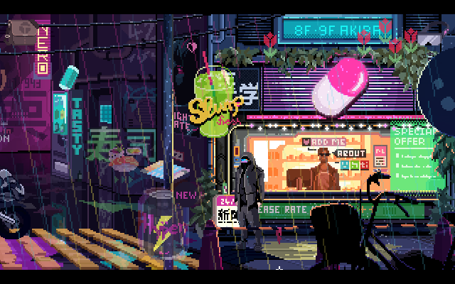 VirtuaVerse (Windows) screenshot: Street view once Nathan has his AVR (Augmented Virtual Reality) set on, with spam ads and at least some gratuitous decoration such as virtual flowers.