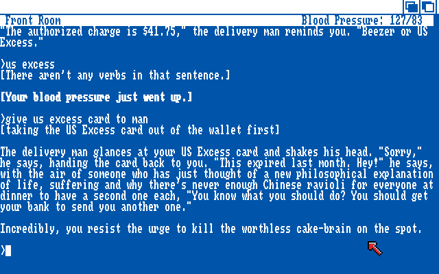Bureaucracy (Amiga) screenshot: Looks like there's trouble using your US Excess card to pay.