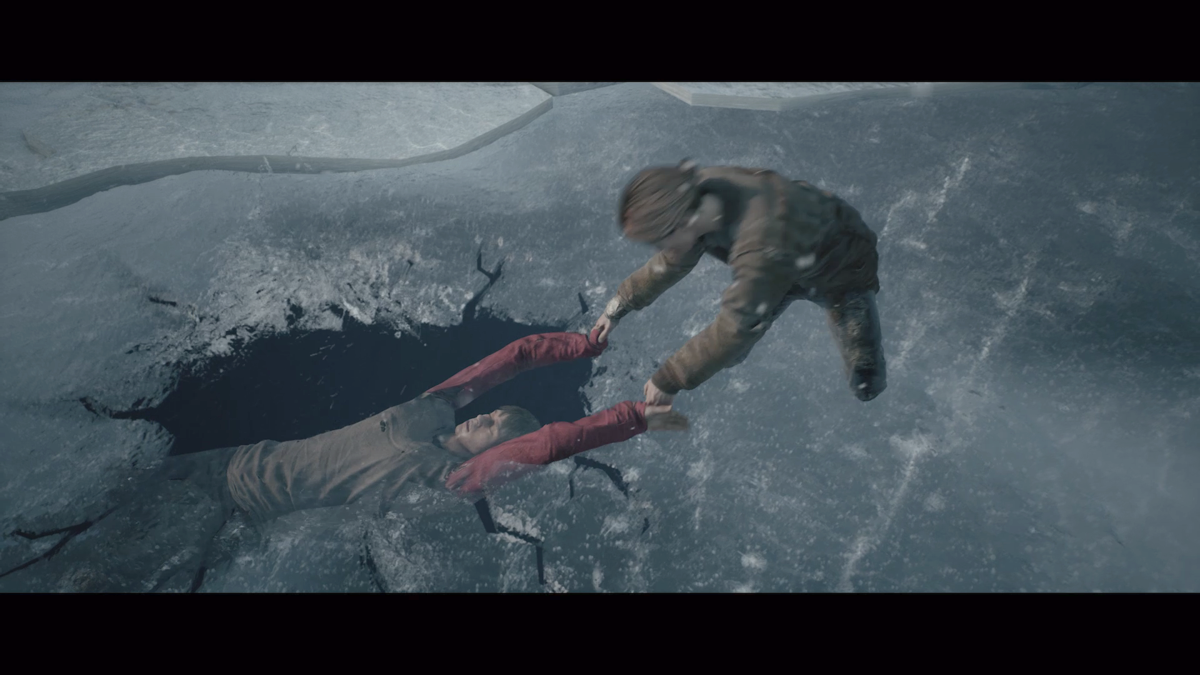 Planet of the Apes: Last Frontier (Xbox One) screenshot: Jess rescuing Mark from under the ice, after being helped by Bryn