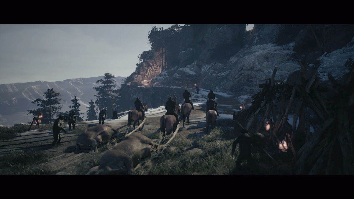 Planet of the Apes: Last Frontier (Xbox One) screenshot: The Apes bringing in the steers they killed