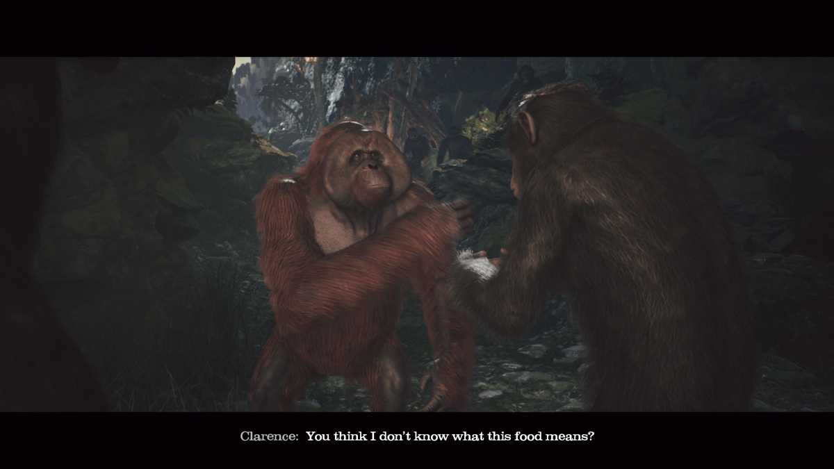 Planet of the Apes: Last Frontier (Xbox One) screenshot: Clarence, the only Orangutan in the tribe
