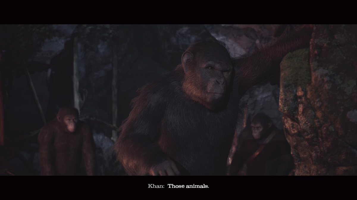 Planet of the Apes: Last Frontier (Xbox One) screenshot: Khan, leader of the tribe and father to Bryn, Tola and Juno