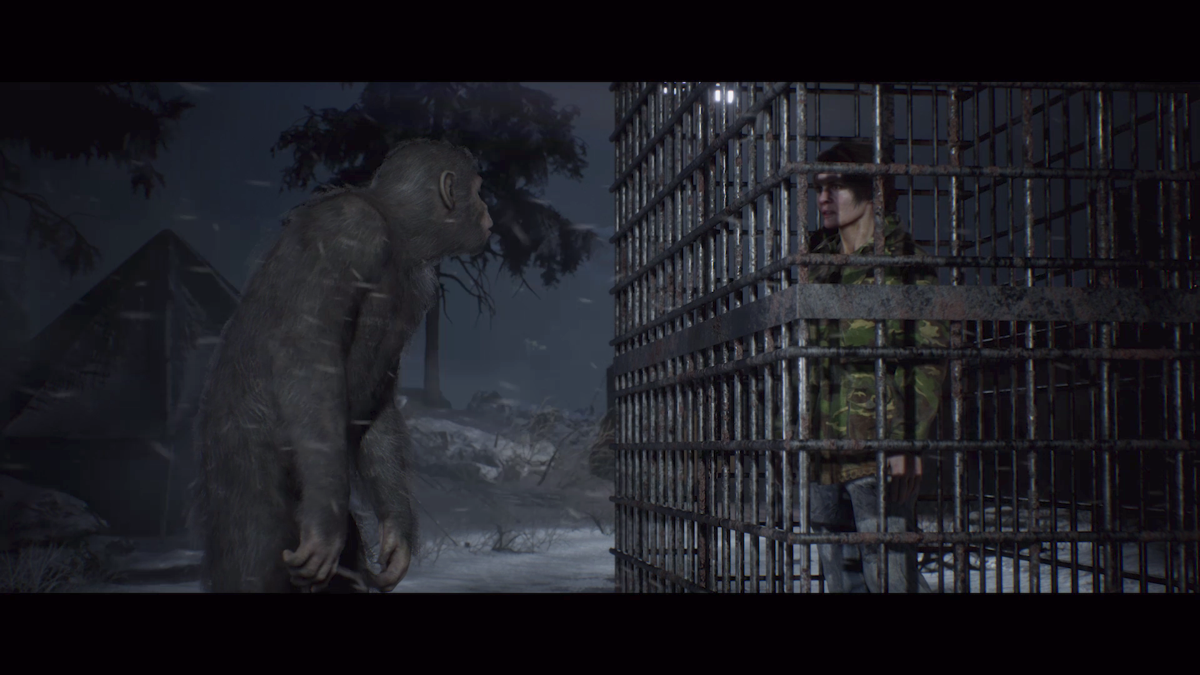 Planet of the Apes: Last Frontier (Xbox One) screenshot: Bryn finding Maria locked up alongside other humans and apes