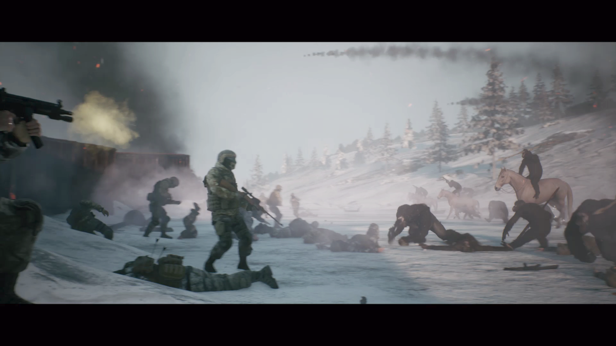 Planet of the Apes: Last Frontier (Xbox One) screenshot: Apes kill the remaining soldiers who survived the crash. It's an end to hostility and the start of peace