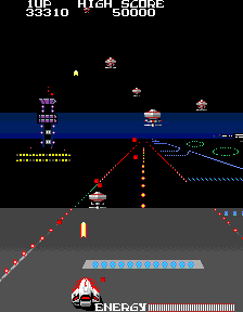 Repulse (Arcade) screenshot: Although slow, these satellite-like enemies will flood the screen with bullets if they remain on the air!