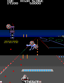 Repulse (Arcade) screenshot: A walker robot passing by in the middle of a crossfire