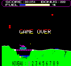 Frelon (Oric) screenshot: Game over