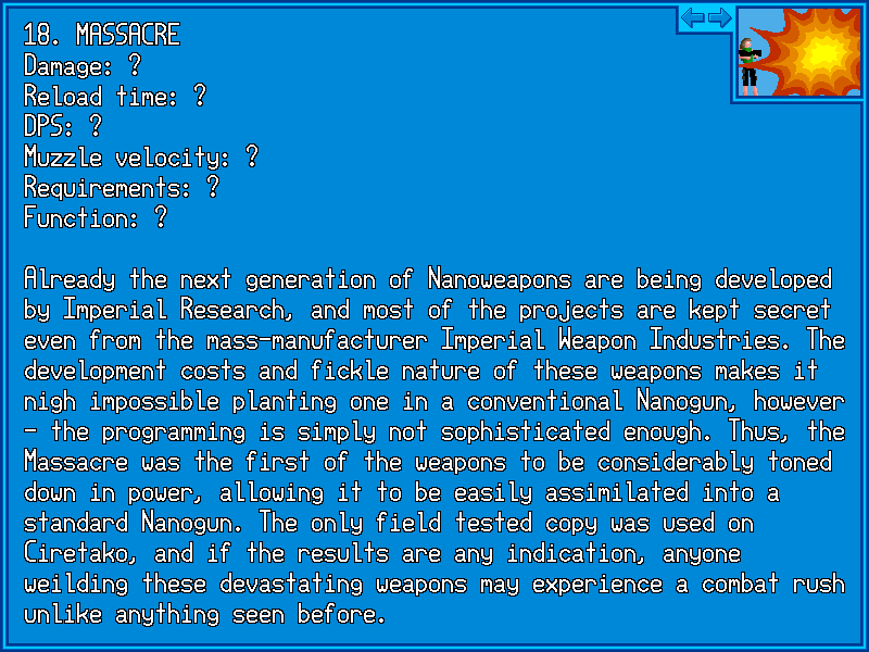 Iji (Windows) screenshot: In-game encyclopedia contains info on all weapons and enemies in the game