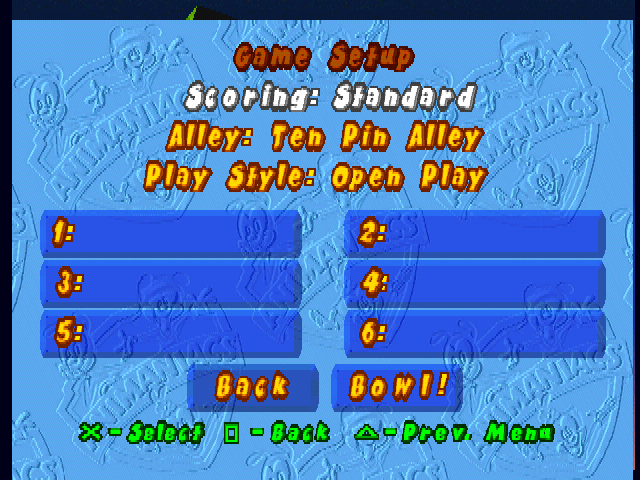 Animaniacs: Ten Pin Alley (PlayStation) screenshot: Game Setup. Scoring: standard or no tap. Play Style: open play, tournament, or team play. And... there are four alleys to choose from.