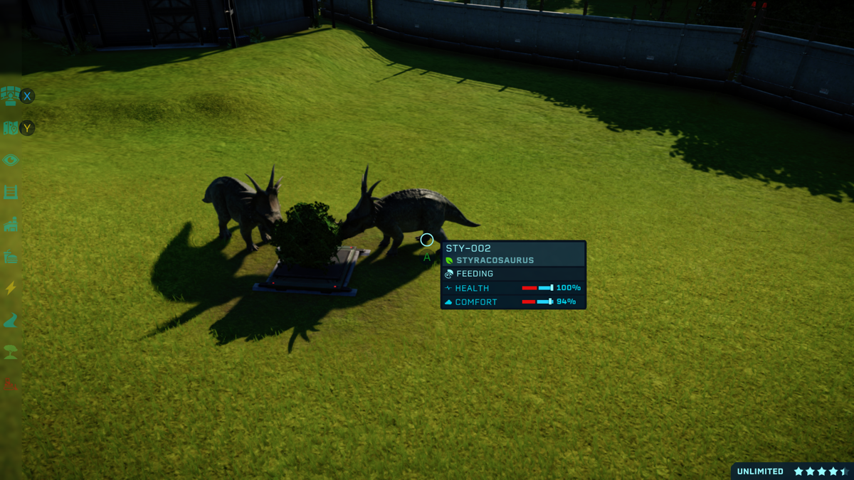 Jurassic World: Evolution - Dinosaur Pack (Xbox One) screenshot: Two Styracosaurus feeding