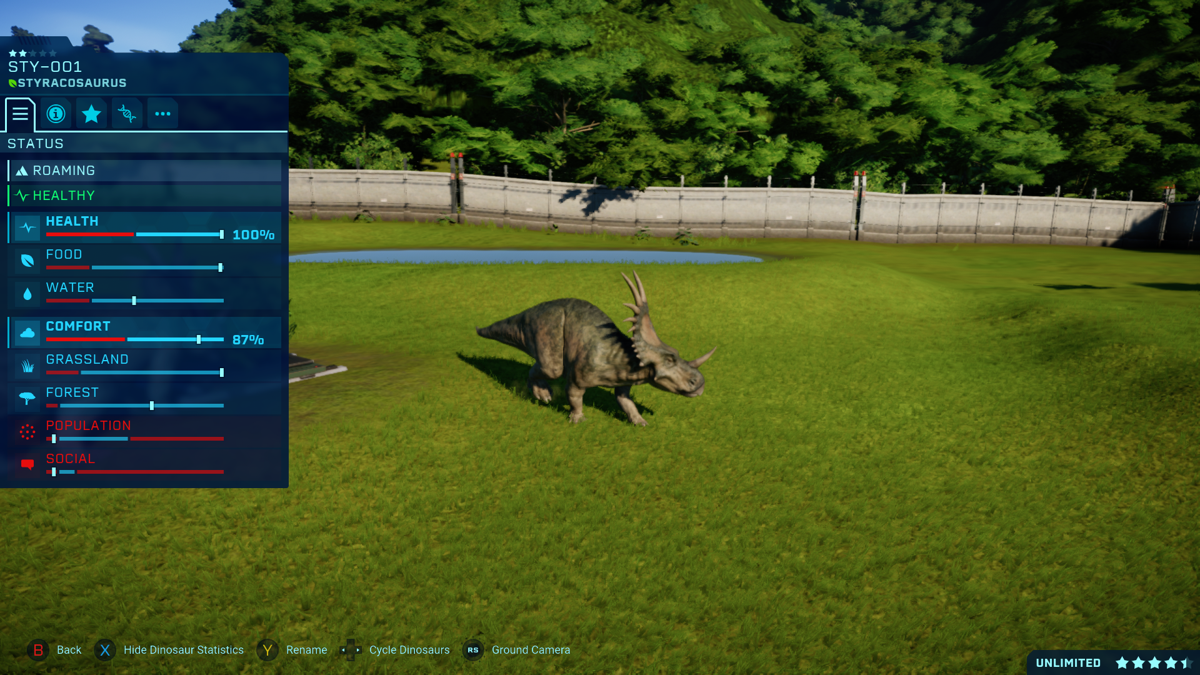 Jurassic World: Evolution - Dinosaur Pack (Xbox One) screenshot: A Styracosaurus with two stats still in the negative