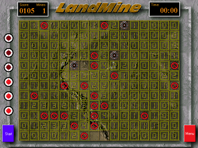 Landmine (Windows) screenshot: Nearing the end of a game Three mines detonated, three lives lost