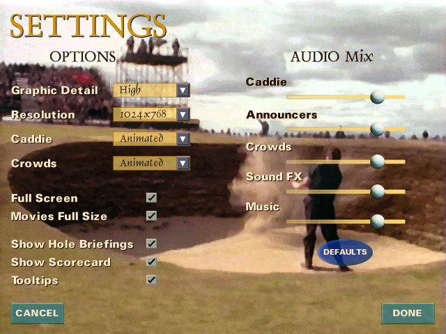 British Open Championship Golf (Windows) screenshot: Settings! Fairly brief. General "graphics quality" drop down, sound volume (with 5 separate sliders), hints and movies checklist. In-game resolution up to 1024x768 (menus are locked to 640x480).