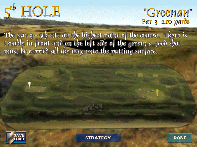 British Open Championship Golf (Windows) screenshot: At the start of each hole you get a map of the layout. Click on the blue "Strategy" button and you'll get a video giving you tips for the hole.