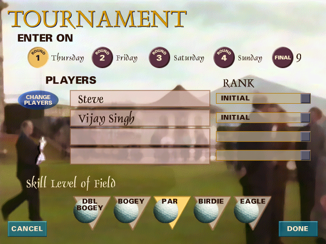 British Open Championship Golf (Windows) screenshot: Tournament selection. Set skill level, players, each day of the tourney. A fair number of options.