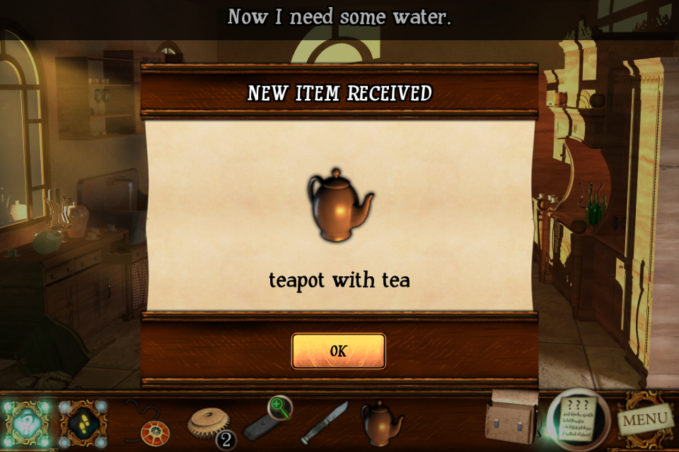 Tales from the Dragon Mountain: The Strix (iPhone) screenshot: I have put the tea in the teapot. Now I just need water.