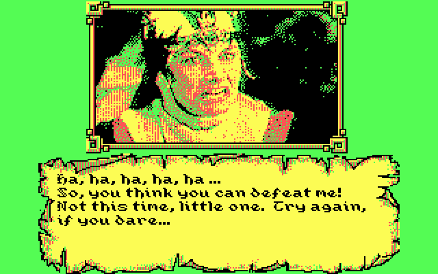 Willow (DOS) screenshot: the evil queen Bavmorda has won - CGA