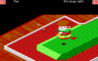 Will Harvey's Zany Golf (DOS) screenshot: Can you drop it in while the hamburger is bouncing?