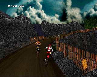 VMX Racing (PlayStation) screenshot: Trying to overcome an opponent.