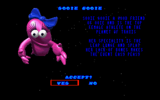 Alien Olympics (DOS) screenshot: Sooie Gooie