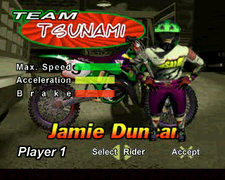 VMX Racing (PlayStation) screenshot: Team/Rider selection.