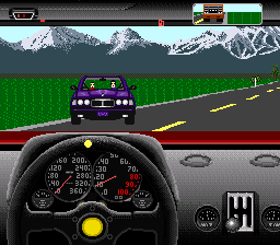The Duel: Test Drive II (SNES) screenshot: WTF?! My F40 is stuck and I can't move it! I tried moving left and right and accelerating and, FAIL!!!