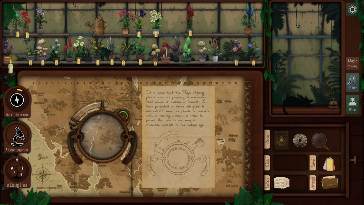 Strange Horticulture (Windows) screenshot: At some point you receive this mysterious contraption, which uses extract from a plant to reveal secrets (mostly simple ones like invisible ink).