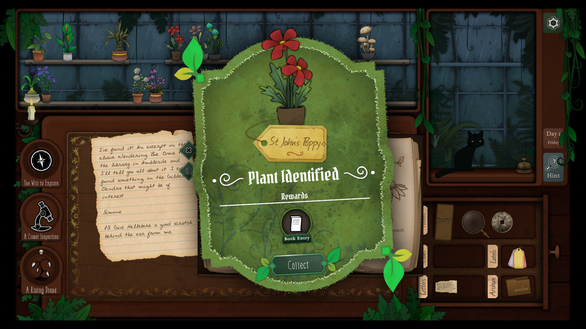 Strange Horticulture (Windows) screenshot: The first plant to identify. Advice: label your plants as soon as you have them identified, and if you feel sure about a plant, feel free to label it even before an official confirmation.