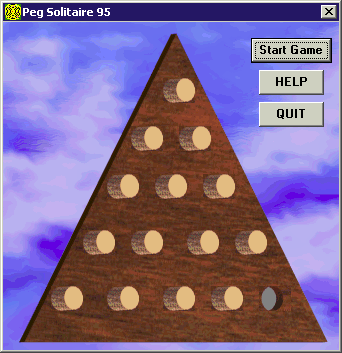 Peg Solitaire 95 (Windows) screenshot: The start of a game The game runs in a non-resizable window. At this point the player can move the pegs around so the hole is in the start position of their choice