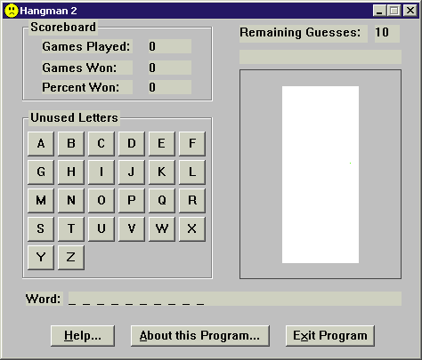 Hangman 2 (Windows) screenshot: The start of a game The game plays in an odd-sized window In-game help and other messages open up in new windows