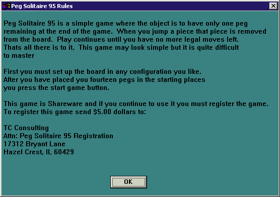 Peg Solitaire 95 (Windows) screenshot: The game's Help file opens in a new window and contains registration information