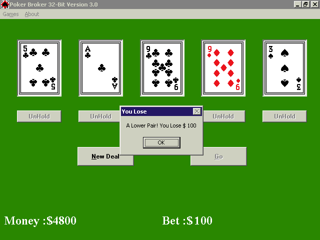 Poker Broker (Windows) screenshot: Any pair less than a pair of jacks still loses