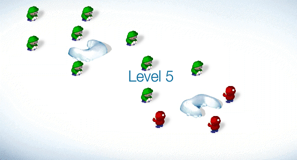 SnowCraft (Browser) screenshot: Start of level 5: a lot of green boys