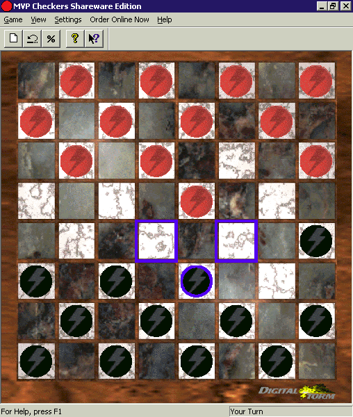 MVP Checkers (Windows) screenshot: When a piece is selected the player is shown the legal moves that are available