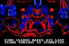 Blackthorne (Game Boy Advance) screenshot: Introduction frame  The monstrous King Vlaros, followed by his "sidekicks", plans the next move.