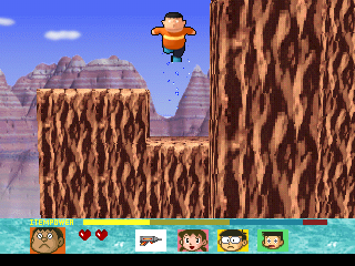 Doraemon: Nobita to Fukkatsu no Hoshi (PlayStation) screenshot: Takeshi Gouda ("Jaian") is jumping.
