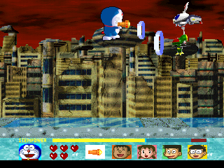 Doraemon: Nobita to Fukkatsu no Hoshi (PlayStation) screenshot: Jumping high and killing stuff. Nothing special about it.